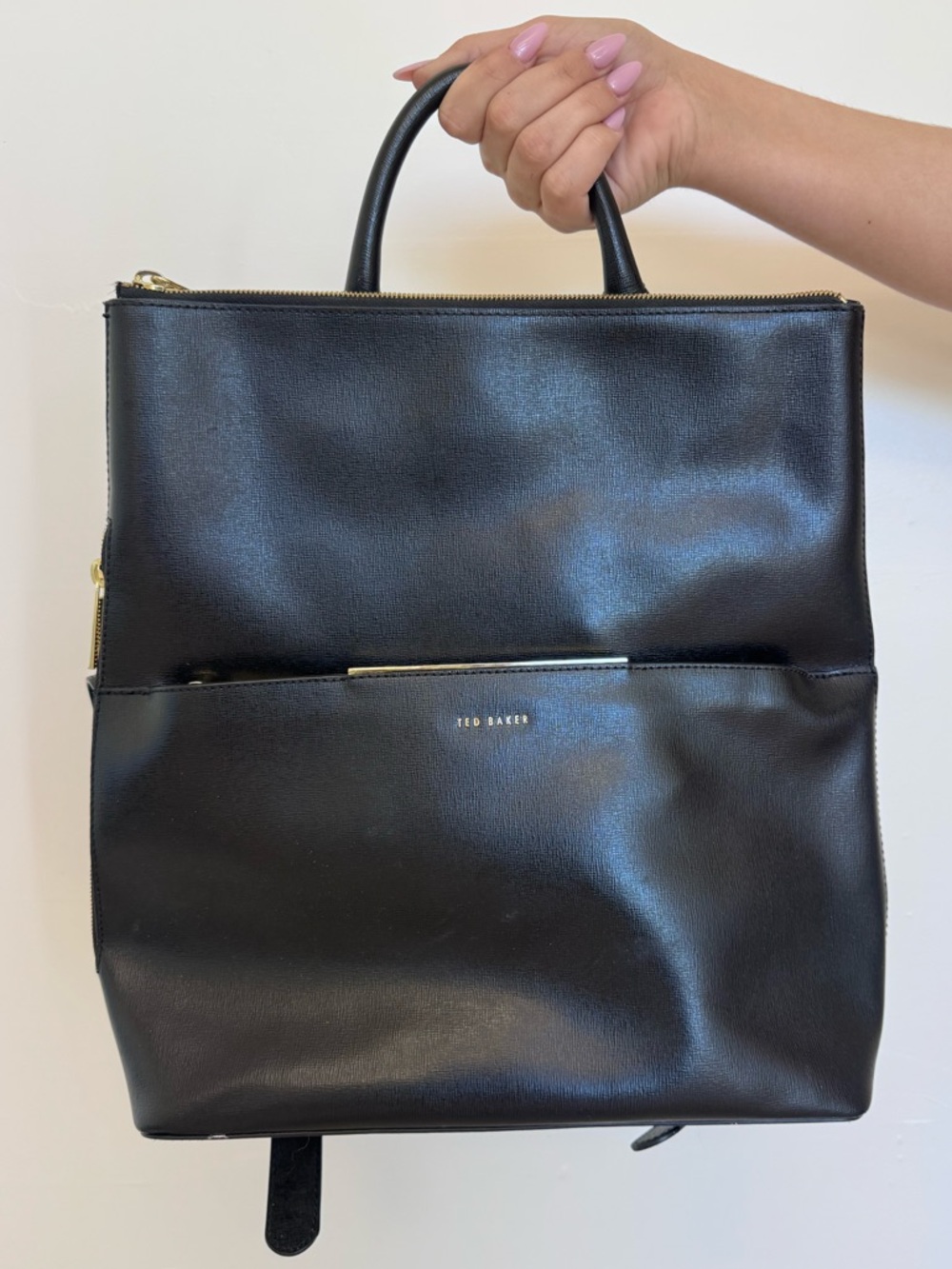 Ted Baker Black Leather Top-Handle Backpack Tote Bag